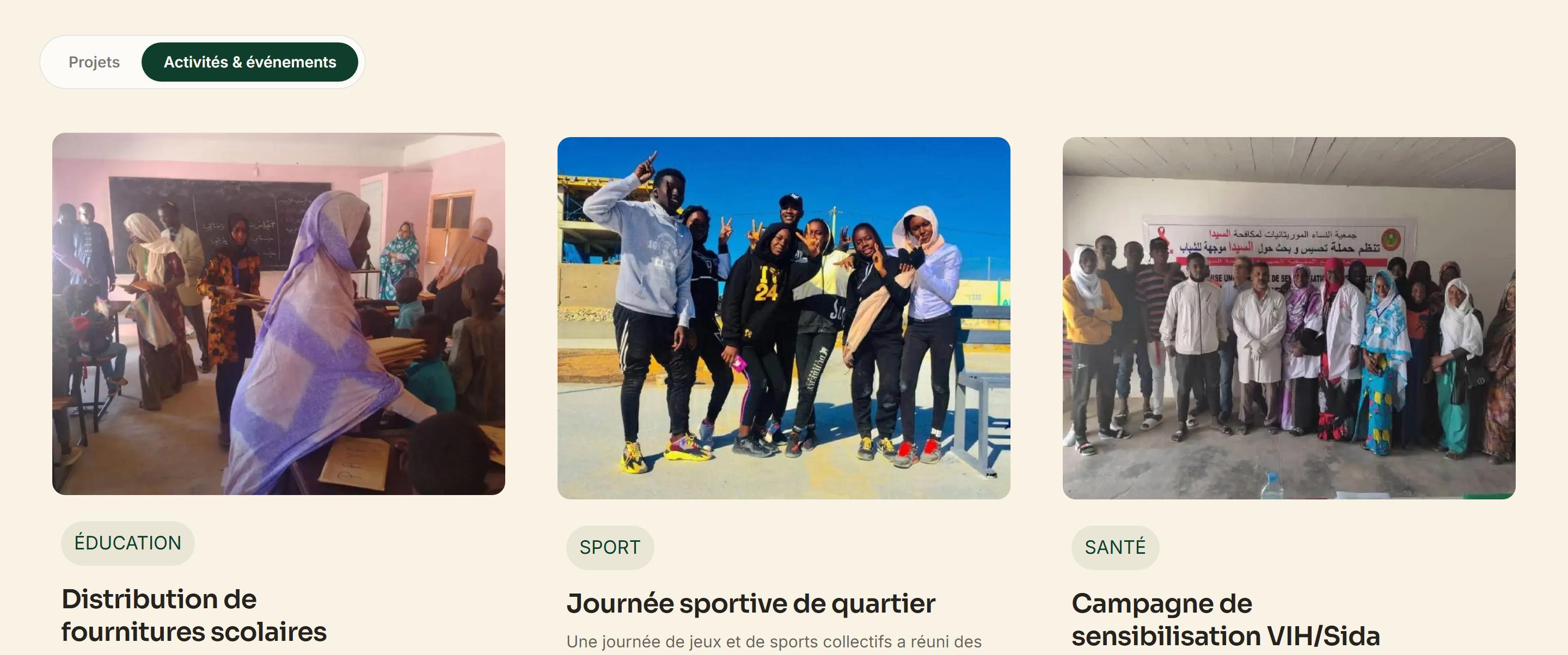 Page « Nos actions » de PAYA, vue Activités et événements : le sélecteur Projets / Activités et événements, puis trois cartes d’activité avec une photographie de terrain, un domaine et un titre.