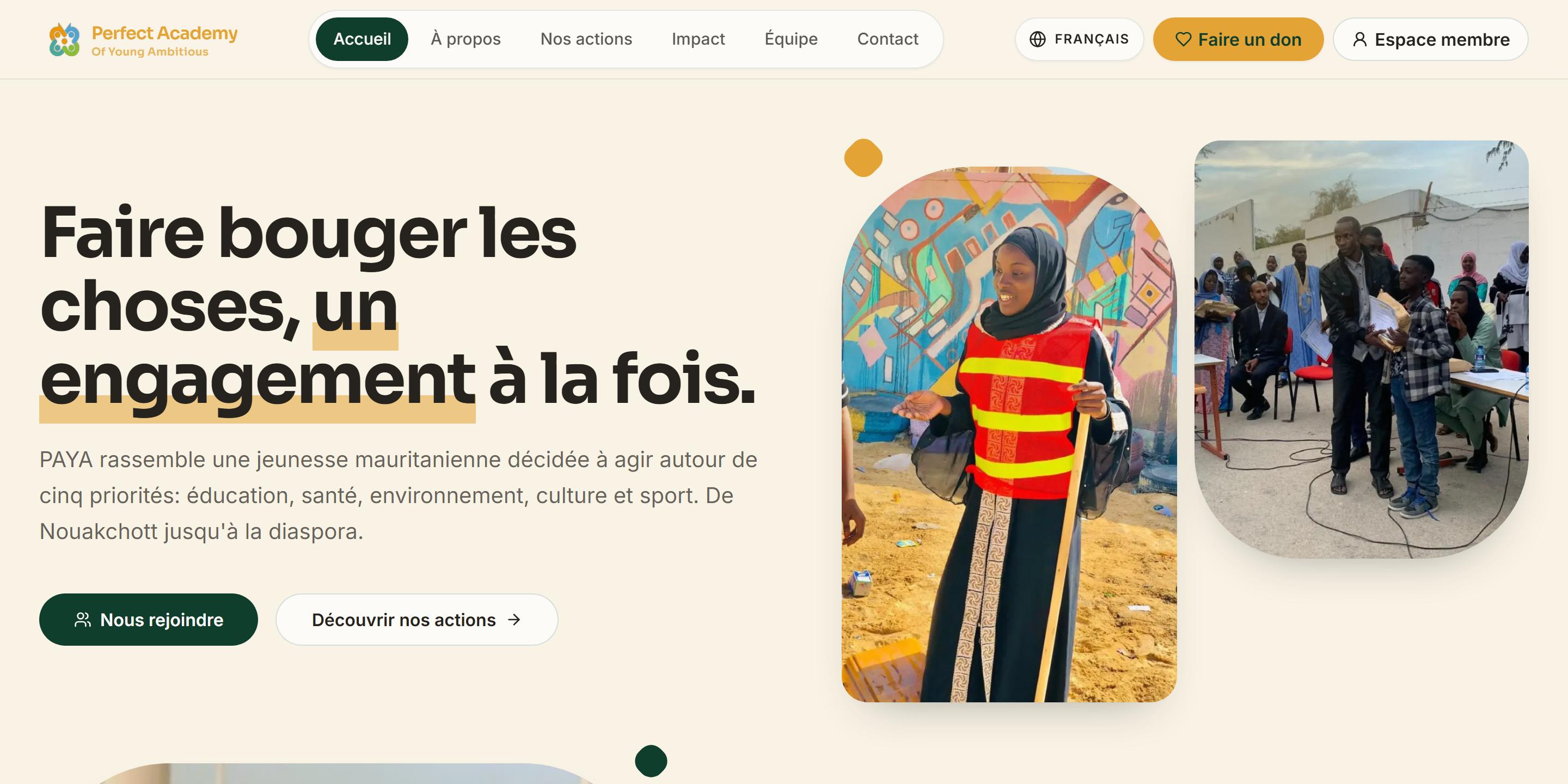 Page d’accueil du site public de PAYA : le titre « Faire bouger les choses, un engagement à la fois. », les boutons d’adhésion et de découverte, et deux photographies de terrain.