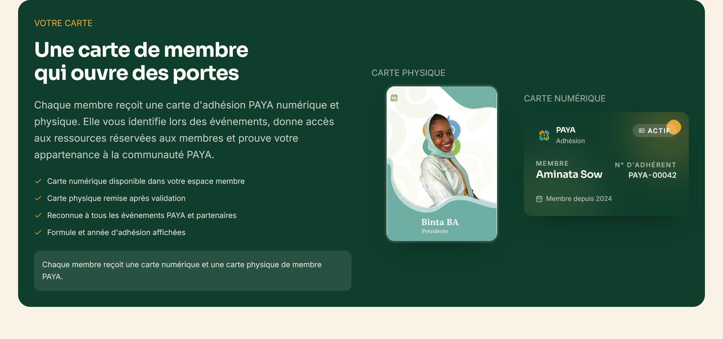Section « Votre carte » du site PAYA, sur fond vert : un badge physique de l’équipe avec portrait, à côté d’une carte de membre numérique.