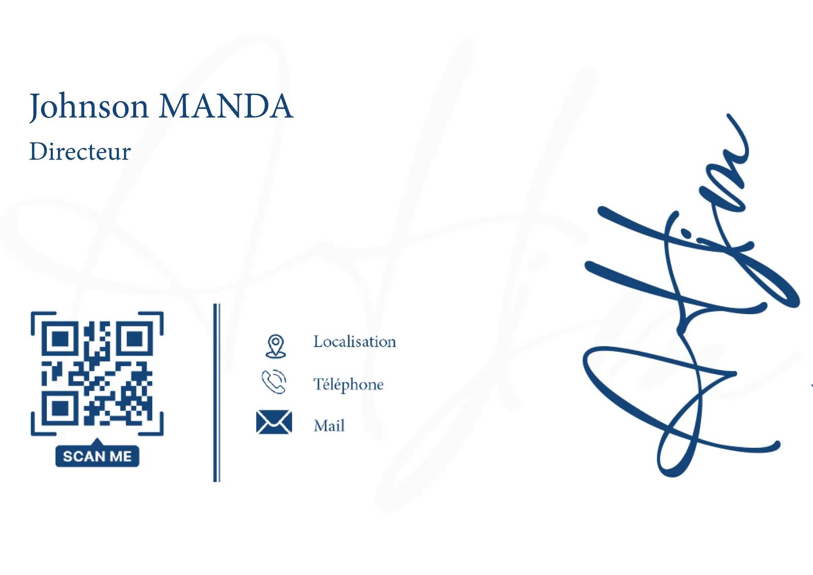 Back of the business card: name and title, QR code, contact labels and the handwritten AHJM initials in blue.