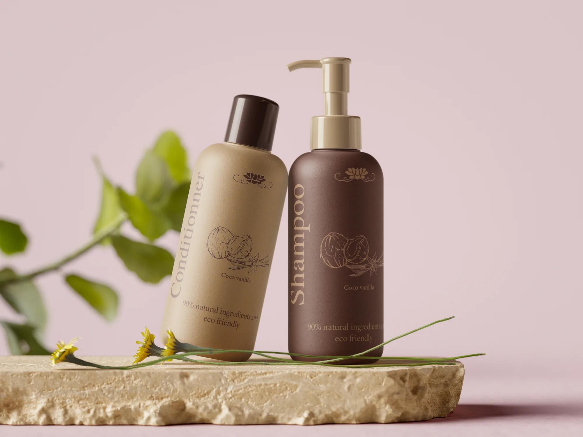 Two bottles on a pale stone in front of a pink background: a beige conditioner and a brown pump shampoo, with a lotus and a line drawing.