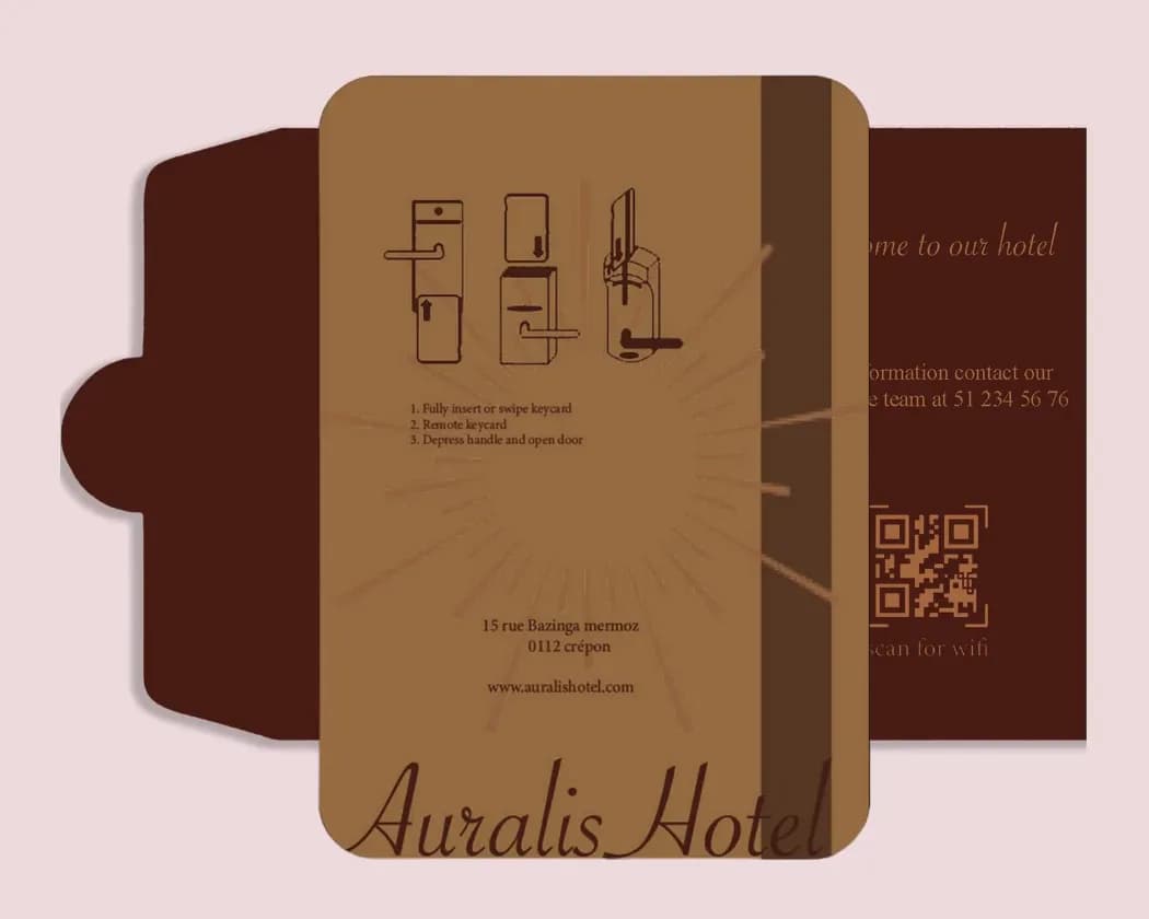 The back of the card: three lock pictograms, three instructions, an address, a website and the Auralis Hotel logotype.