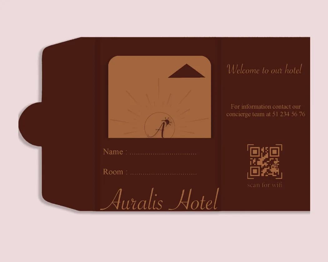 The open holder: the card in its window, name and room fields, a welcome message, a QR code and the Auralis Hotel logotype.