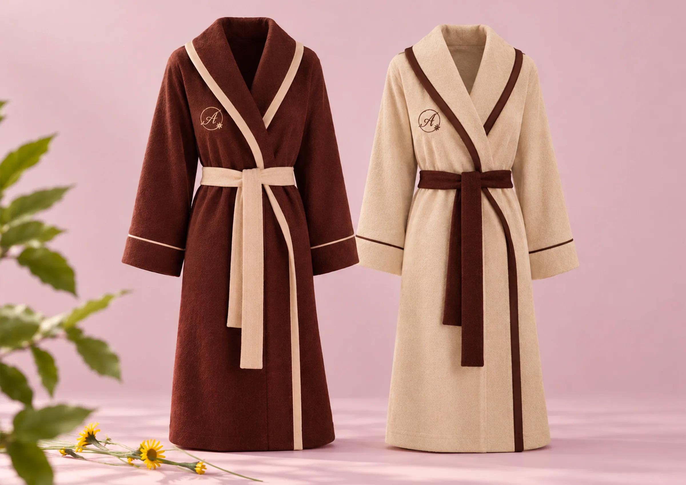Two bathrobes side by side on a pink background: one brown with cream piping, one cream with brown piping, each embroidered with an A monogram in a circle.