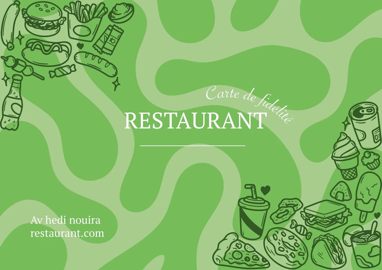Front of the loyalty card: green ground with organic shapes, line drawings of food, the words Carte de fidélité and RESTAURANT in the centre.