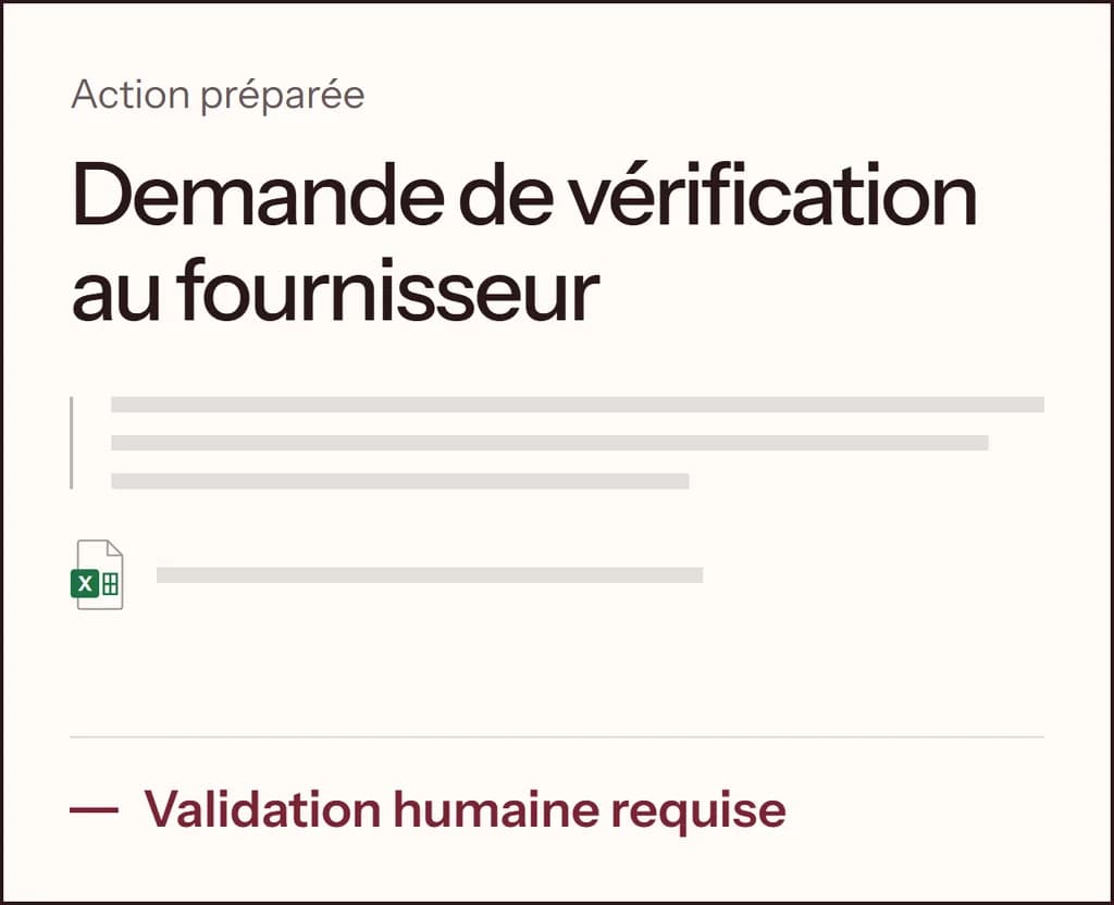 Action préparée en attente de validation humaine : une demande de vérification au fournisseur, marquée comme nécessitant une validation humaine.
